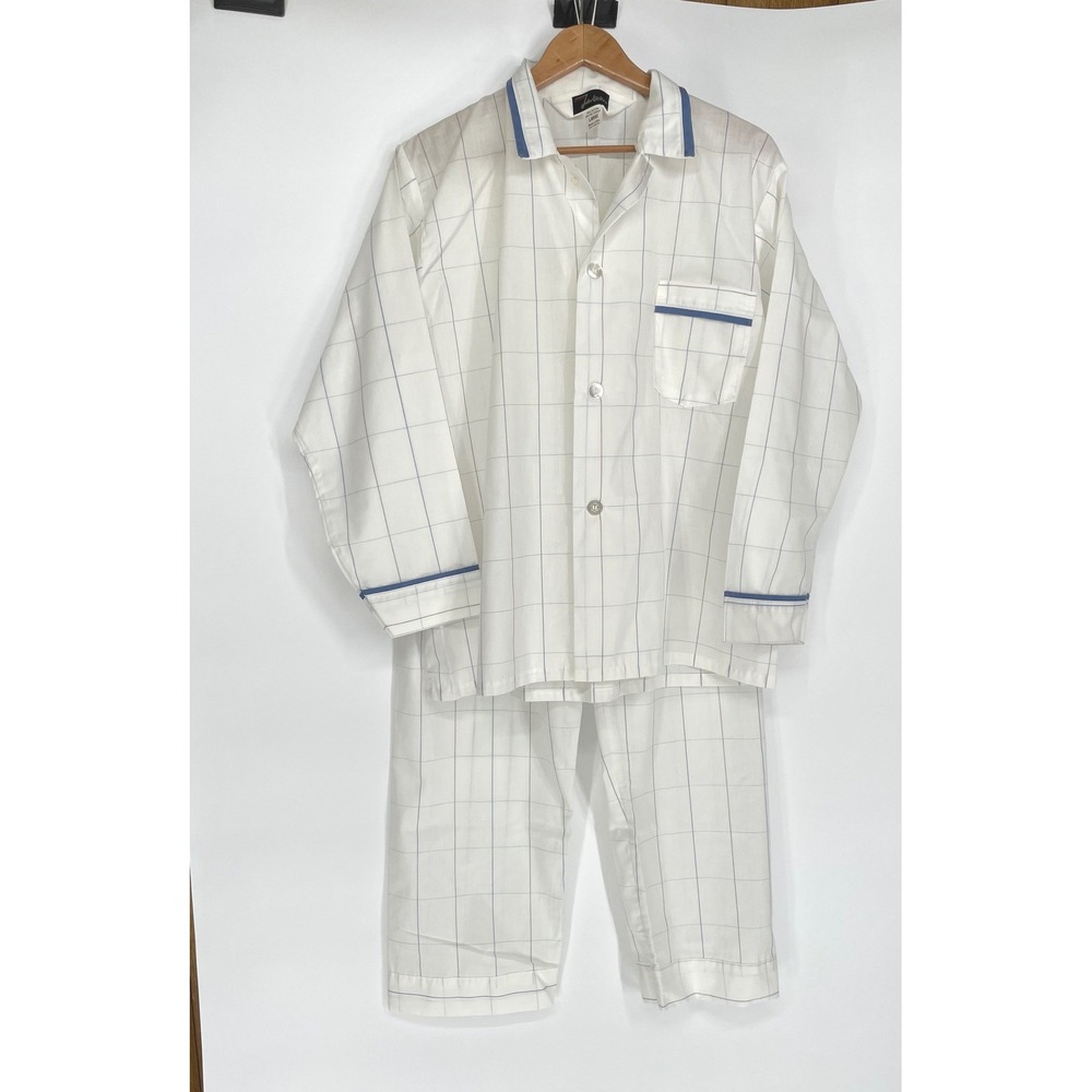 VTG John Weitz Men Pajama Set L Sleepwear White Blue Windowpane Plaid Cotton USA